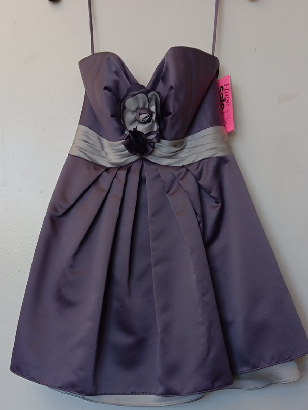 Andrew Adela Purple Flower-Accent Satin Party Dress. Sample